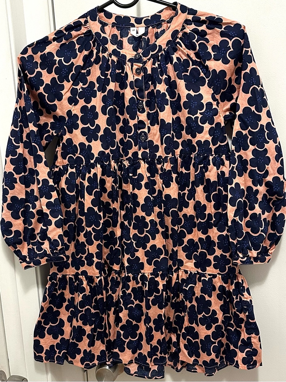 ARKET Sweden Organic Cotton Long Sleeve Flower Dress Navy Blue Peach Girls 9-10